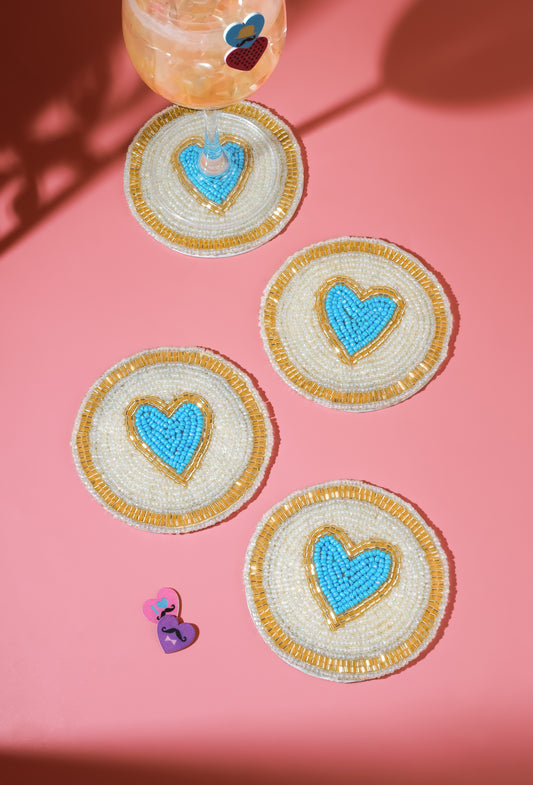 Modern Blue Heart Beaded Coasters (Set of 4)