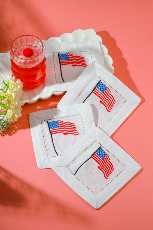 American Flag Embroidered Cocktail Napkins – Set of 4