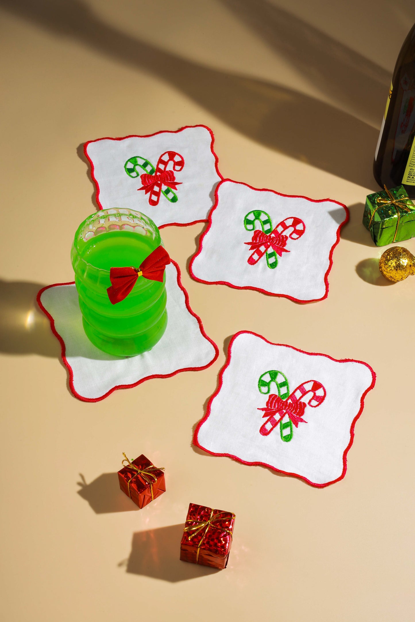 Candy Cane Delight Embroidered Cocktail Napkins – Set of 4