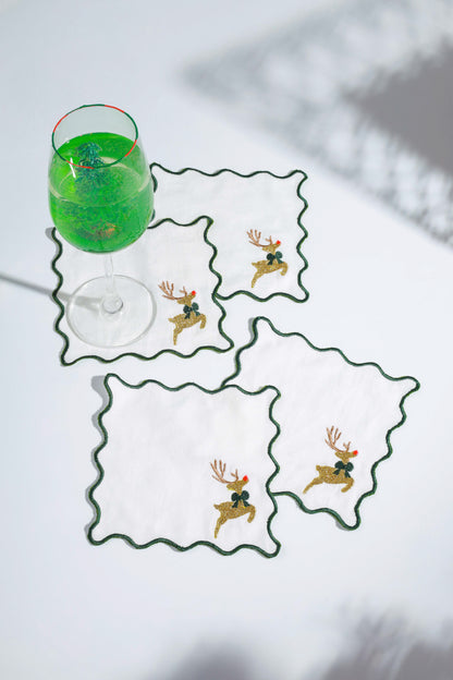 Prancing Reindeer Embroidered Cocktail Napkins – Set of 4
