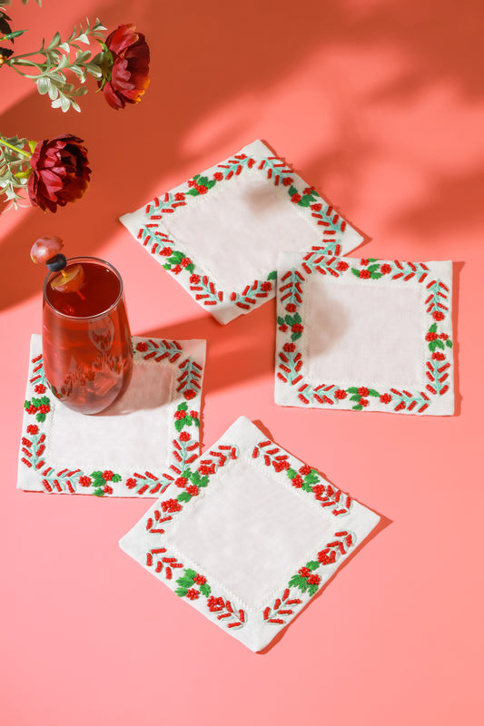 The Holly Berry Beaded Cocktail Napkins – Set of 4