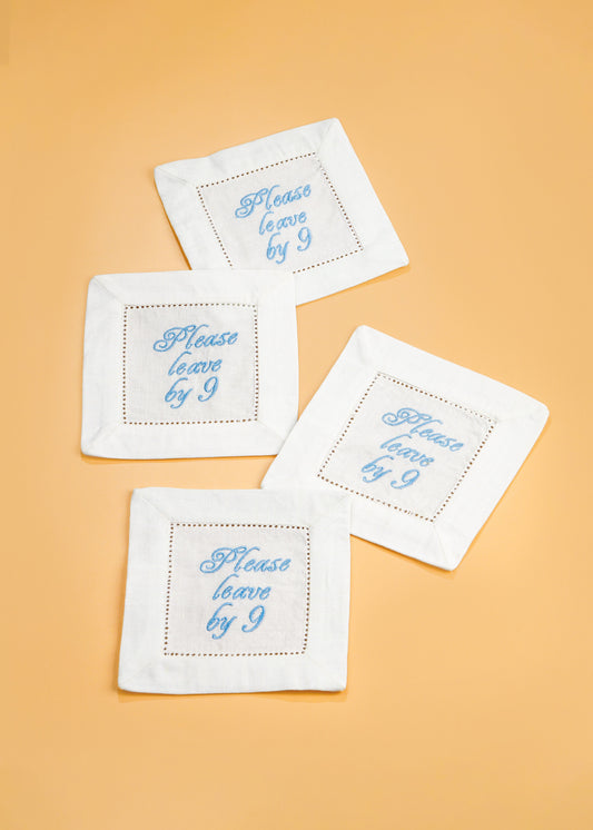 Bye-Bye at Nine Embroidered Cocktail Napkins tiramisuusa
