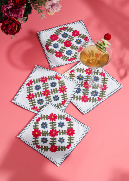 Verdant Bloom Hand-Embroidered Cocktail Napkins