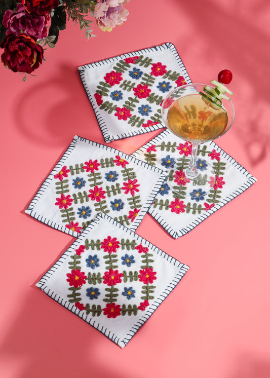 Verdant Bloom Hand-Embroidered Cocktail Napkins