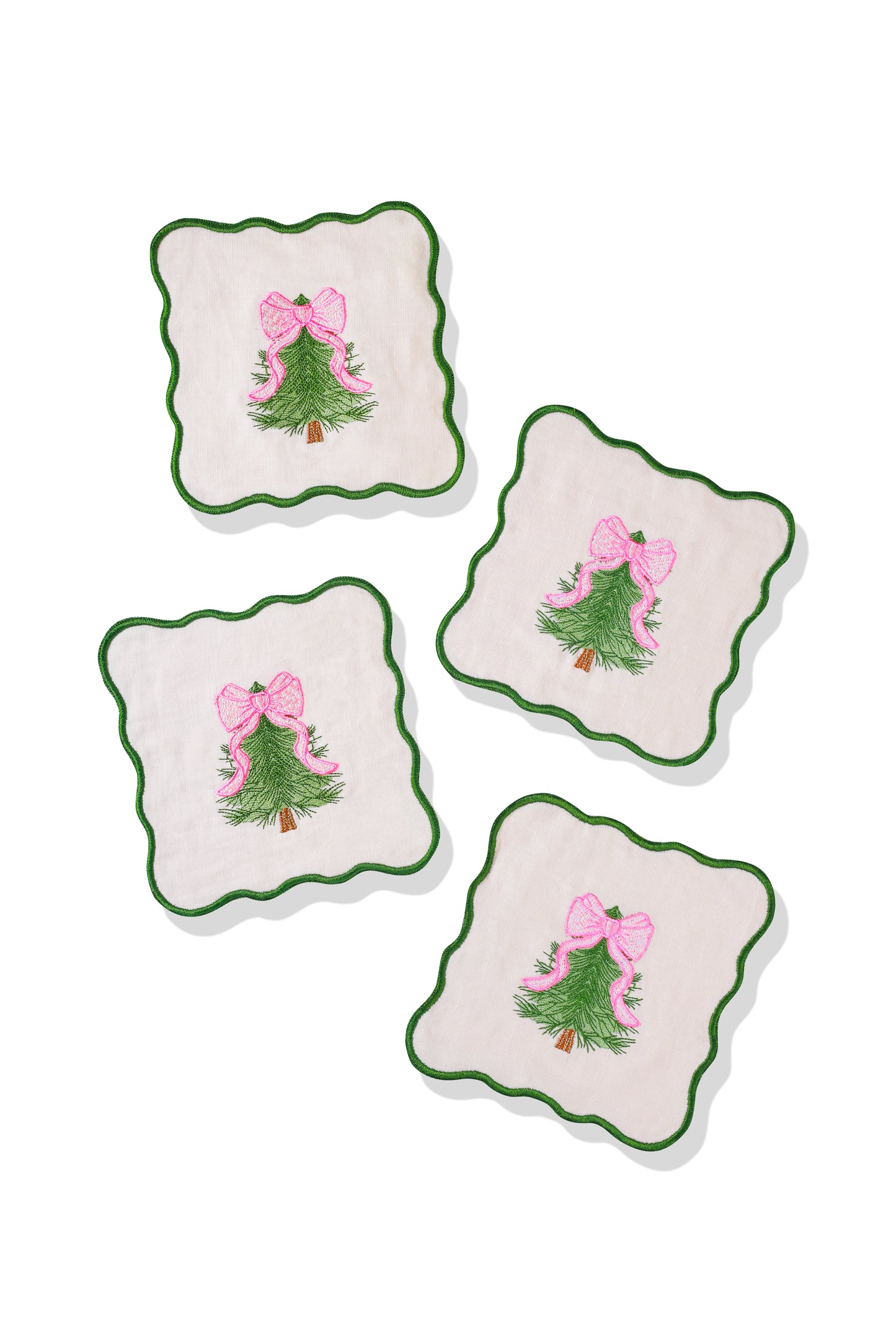 Pink Bow Evergreen Embroidered Cocktail Napkins – Set of 4