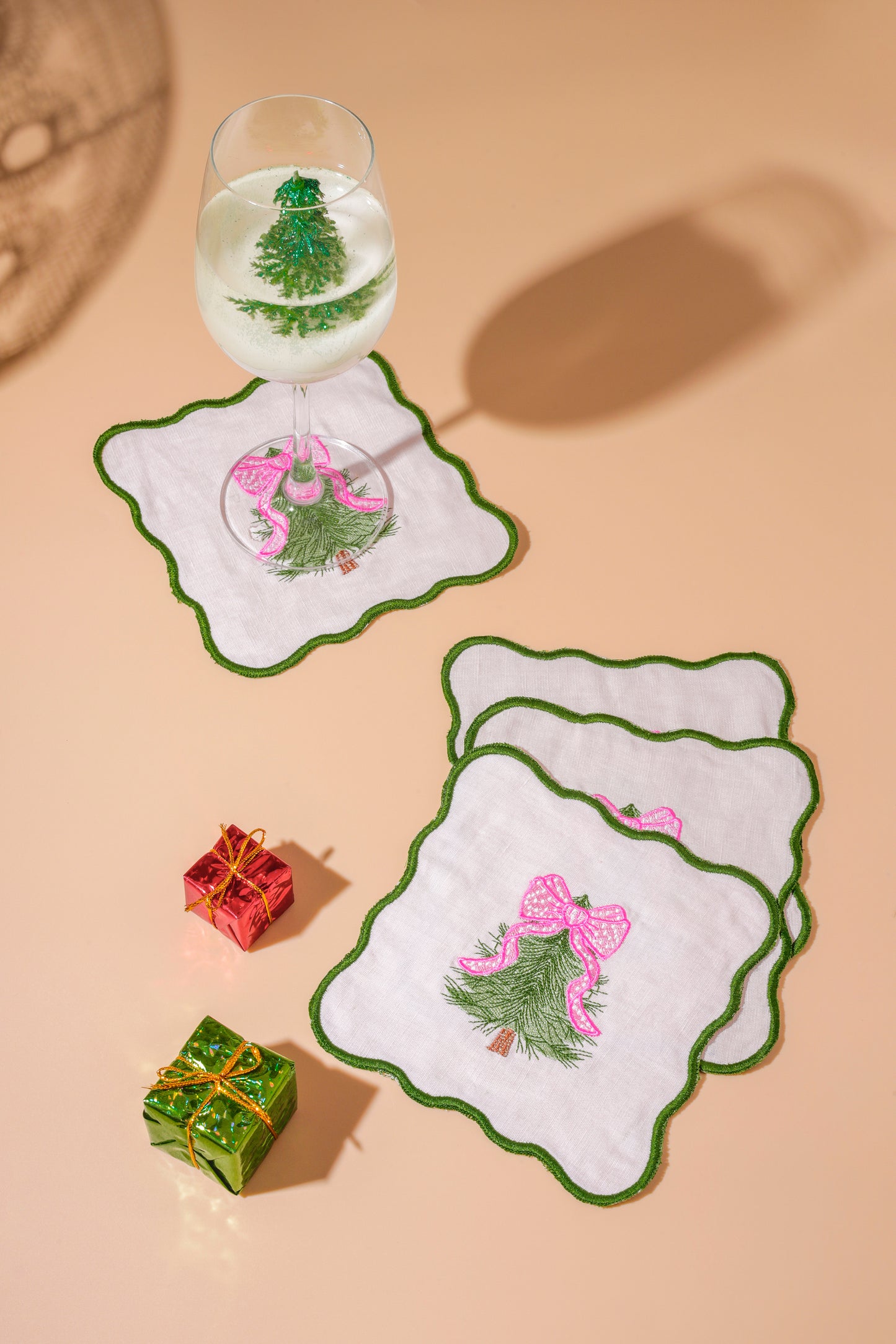 Pink Bow Evergreen Embroidered Cocktail Napkins – Set of 4