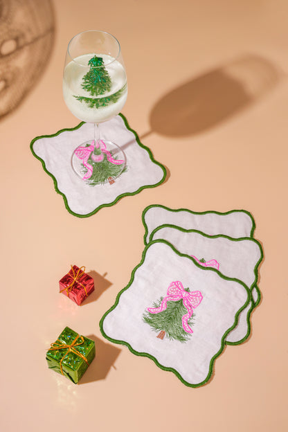 Pink Bow Evergreen Embroidered Cocktail Napkins – Set of 4
