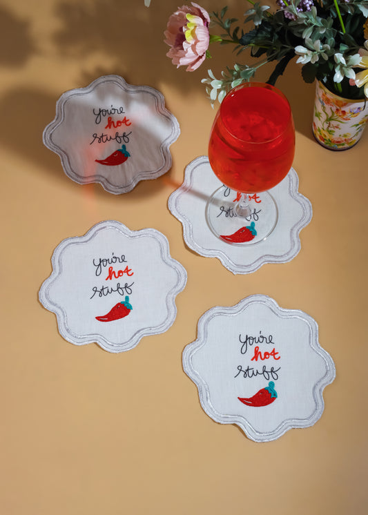 You're Hot Stuff" Embroidered Cocktail Napkins (Set of 4)
