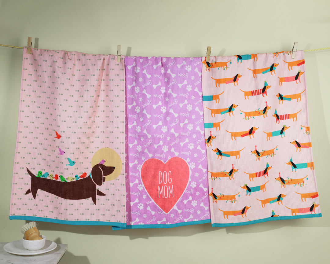 Whimsical Dachshund Trio Cotton Kitchen Towel Set