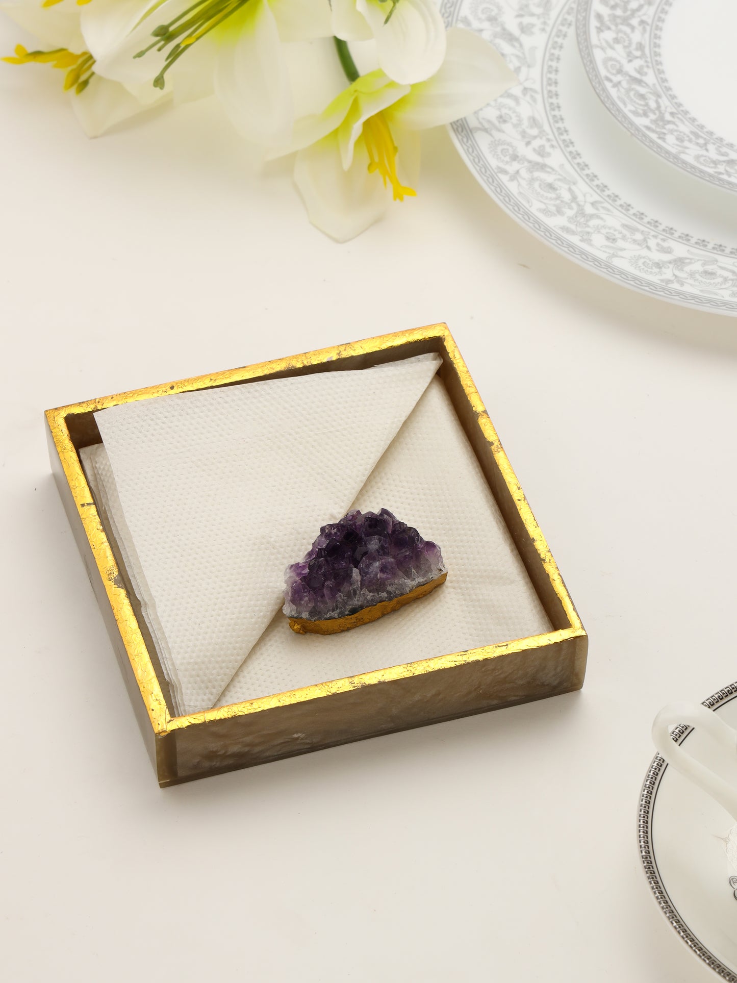 Brown Resin Napkin Holder with Amethyst Druzy