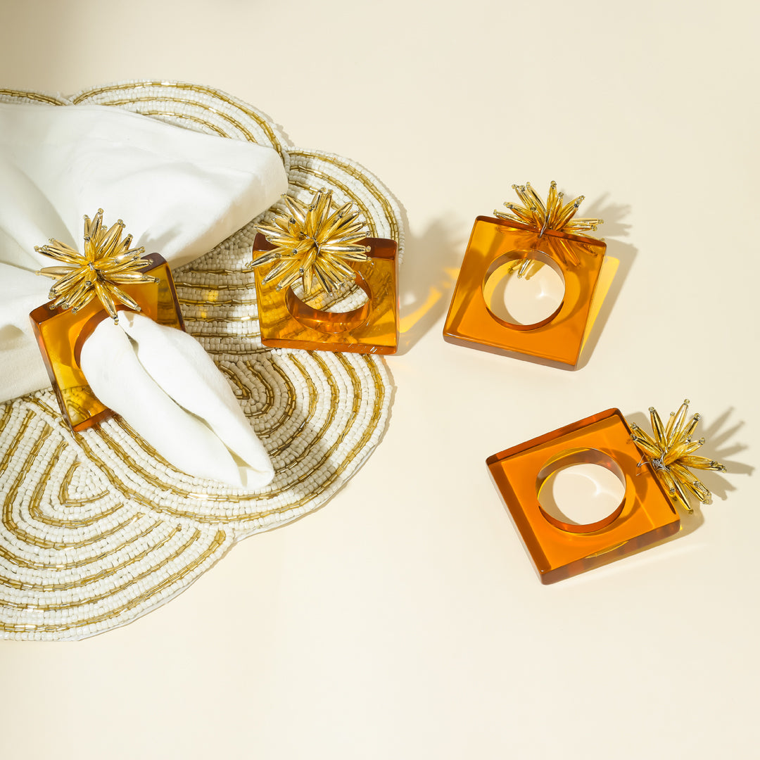 Amber Resin & Golden Urchin Napkin Rings (Set of 4)