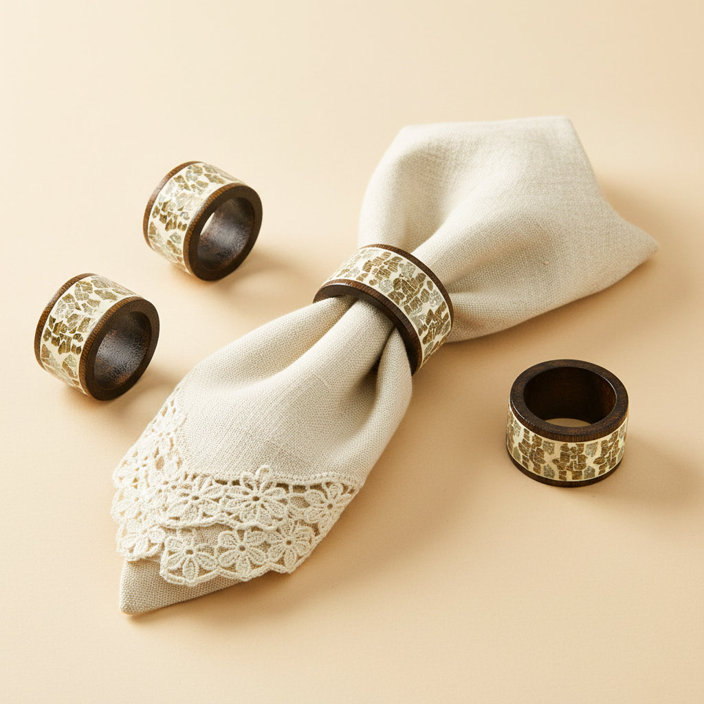 Gilded Mosaic & Wood Cuff Napkin Rings (Set of 4)