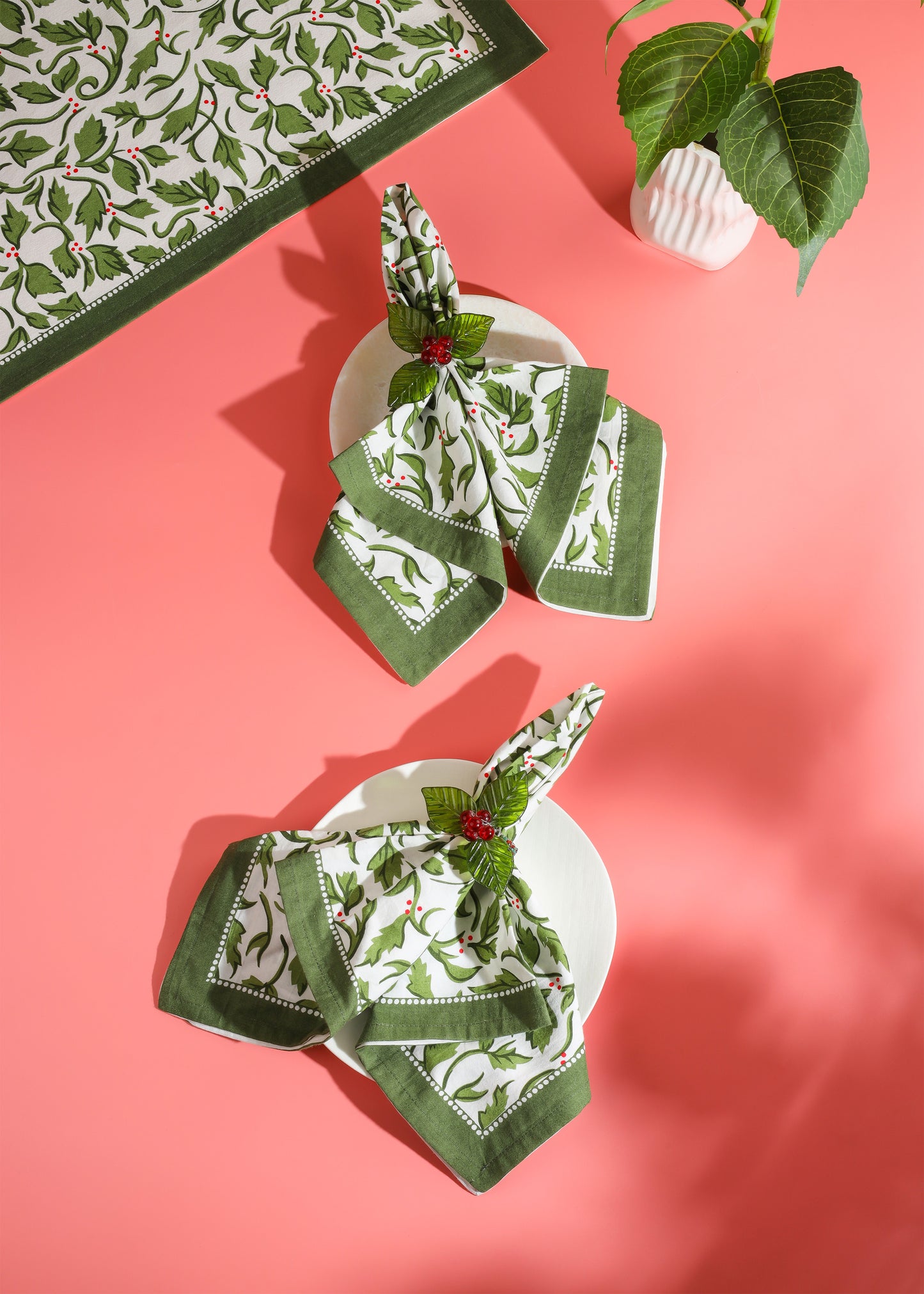 Evergreen Elegance Block Print Cotton Napkins
