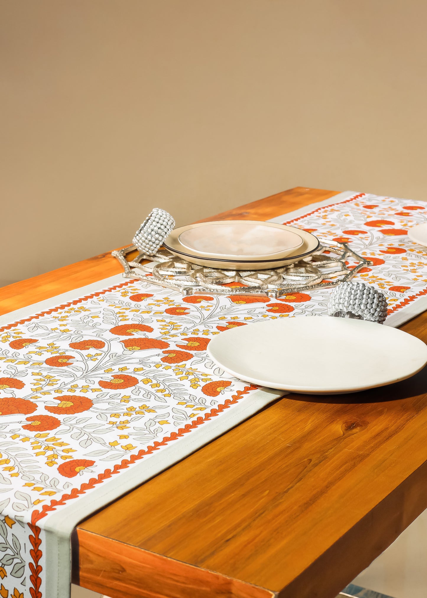 Scarlet & Slate: Floral Block Print Cotton Table Runner