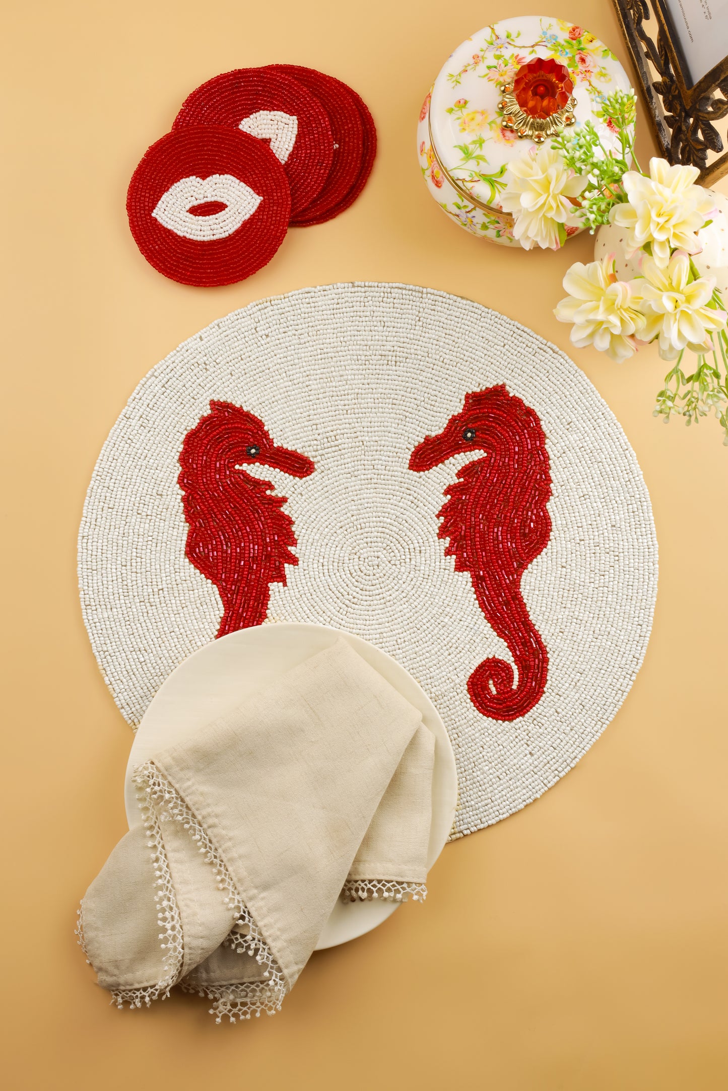 The "Coral Kiss" Beaded Placemat