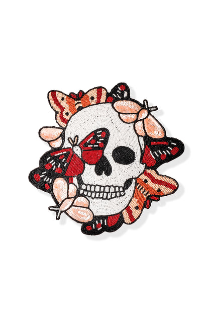 Hand-Beaded Halloween Skull Placemat with Butterfly Details in Black, Crimson & Pumpkin