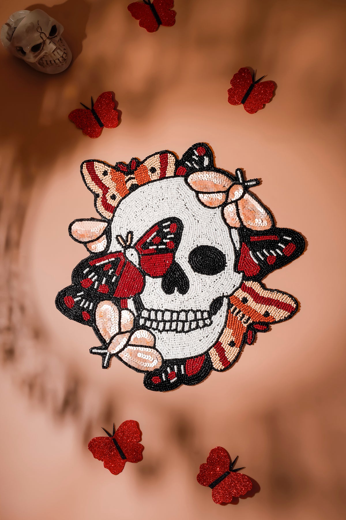 Fluttering Spirits Beaded Halloween Placemat – Skull & Butterfly Glass Bead Design, 15 Inch