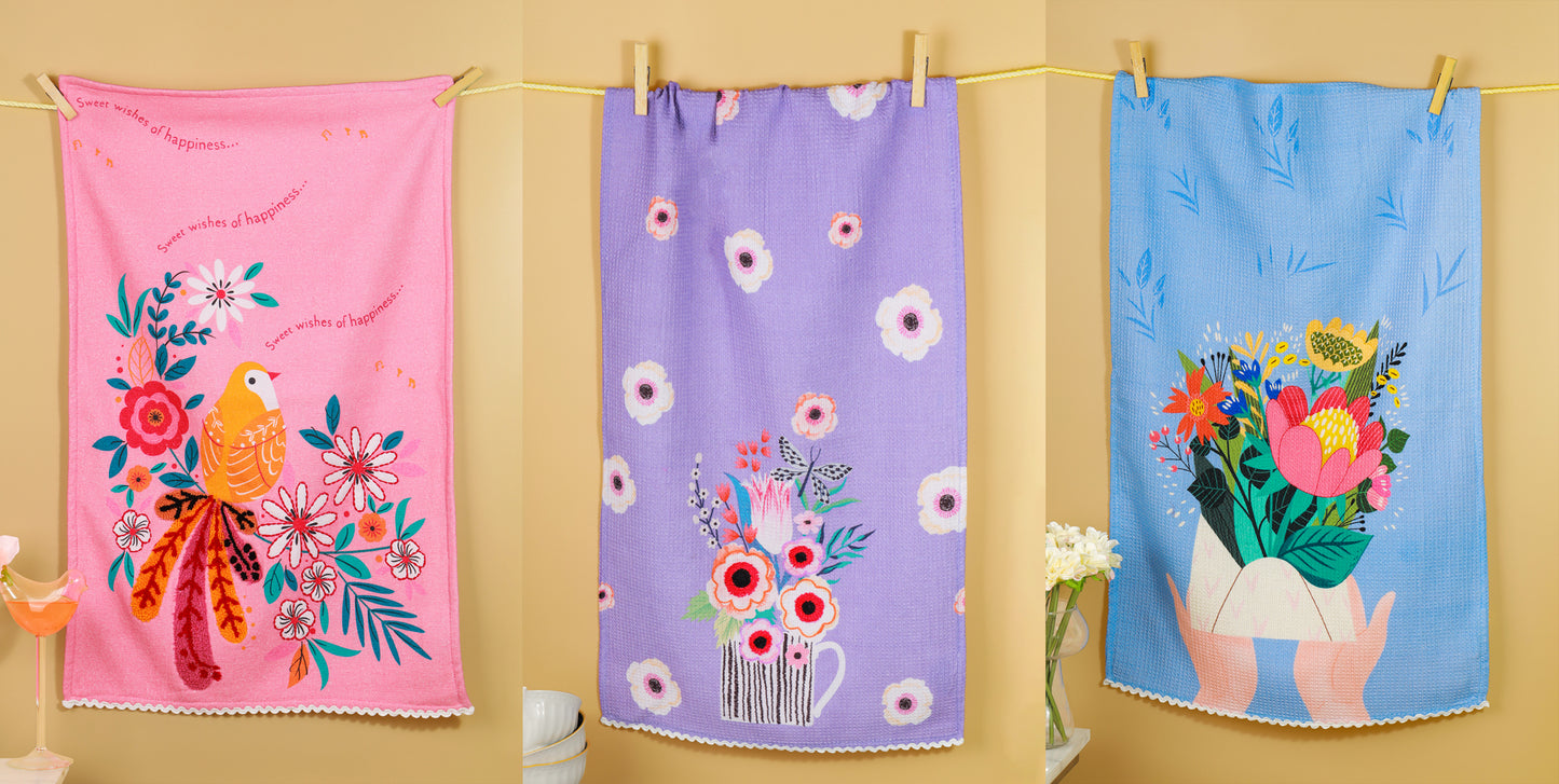 The "Sweet Wishes & Happiness" Artisan Kitchen Tea Towel Set of 3
