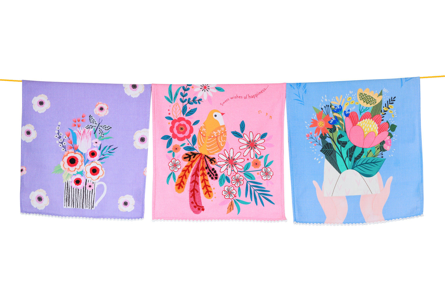 The "Sweet Wishes & Happiness" Artisan Kitchen Tea Towel Set of 3