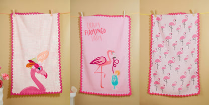 The "Flamingo Fun" Artisan Kitchen Tea Towel Set of 3
