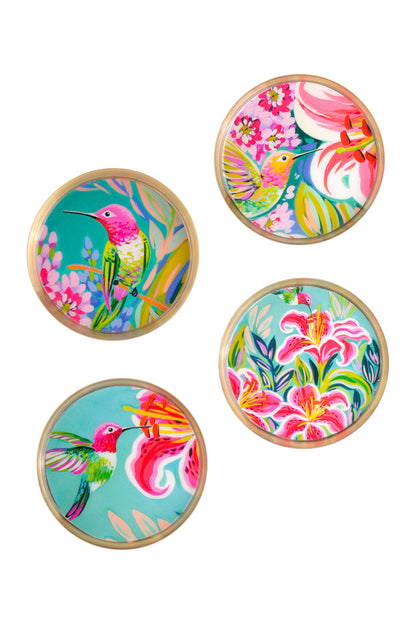 Tropical Hummingbird Metal Coaster Set (Floral Print)