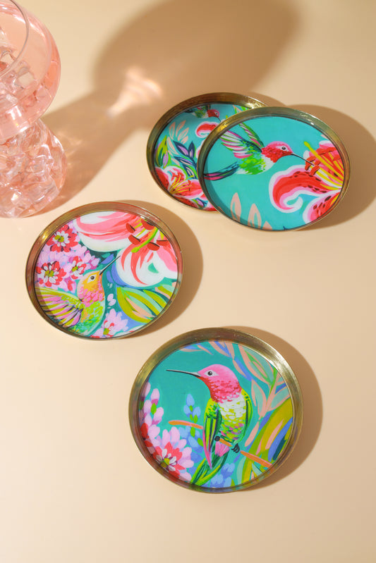 Tropical Hummingbird Metal Coaster Set (Floral Print)