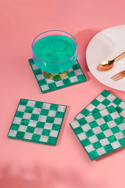 Emerald Checker Resin Coaster Set