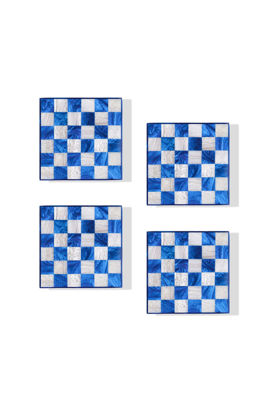 Cobalt Checker Resin Coaster Set