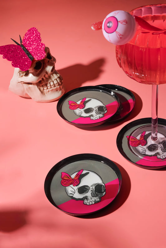 Midnight Flutter Skull Metal Coaster Set – Set of 4