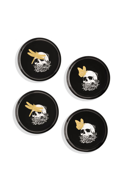 Gilded Nocturne Skull Gold Foil Metal Coaster Set – Set of 4