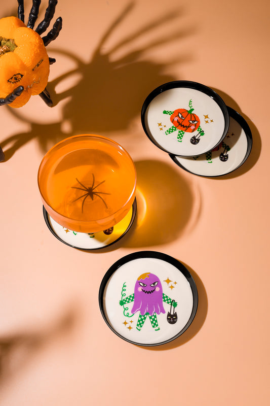 Trick-or-Treat Mischief Gold Foil Metal Coaster Set – Set of 4