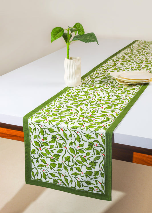 Evergreen Elegance Block Print Cotton Table Runner