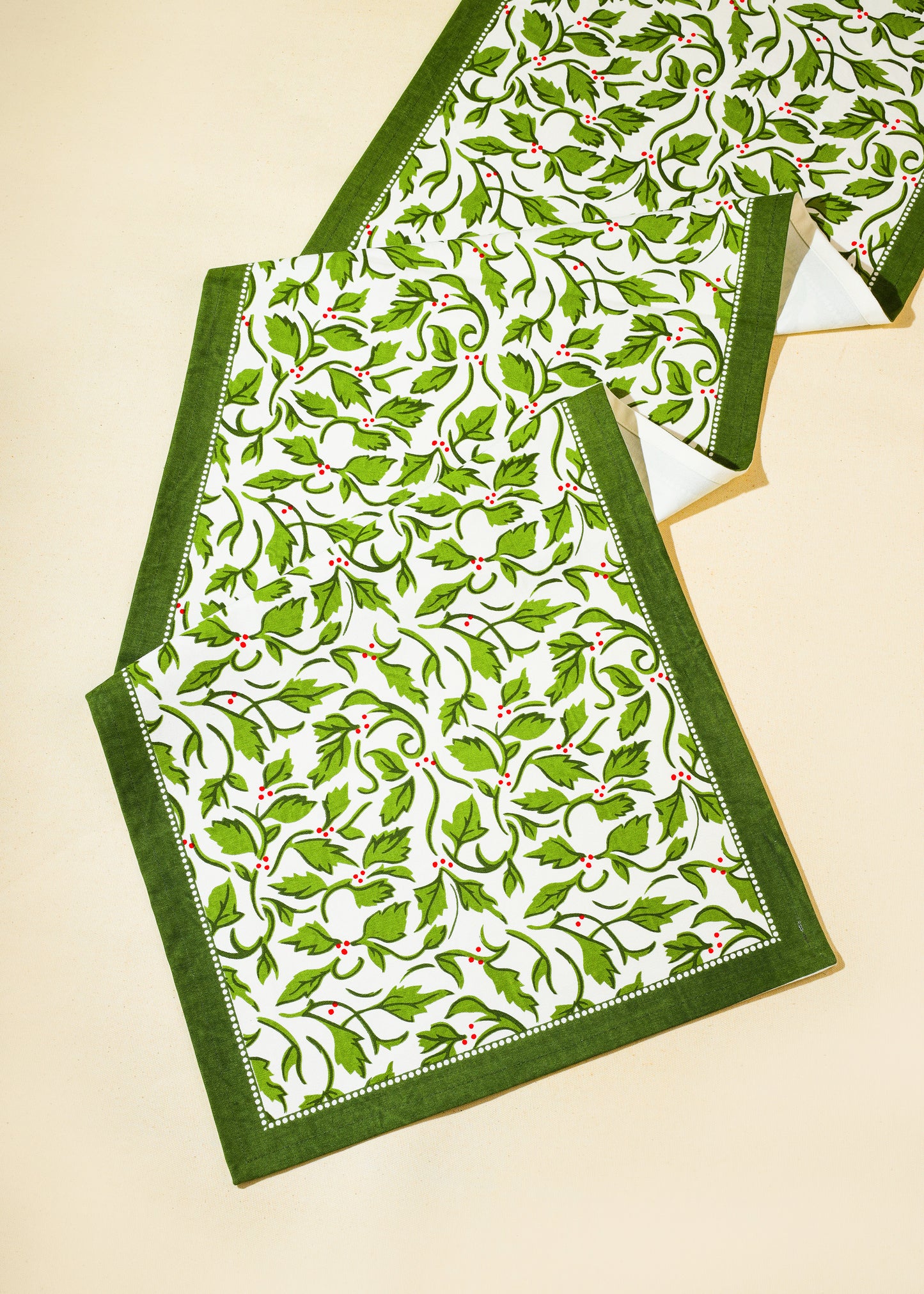 Evergreen Elegance Block Print Cotton Table Runner