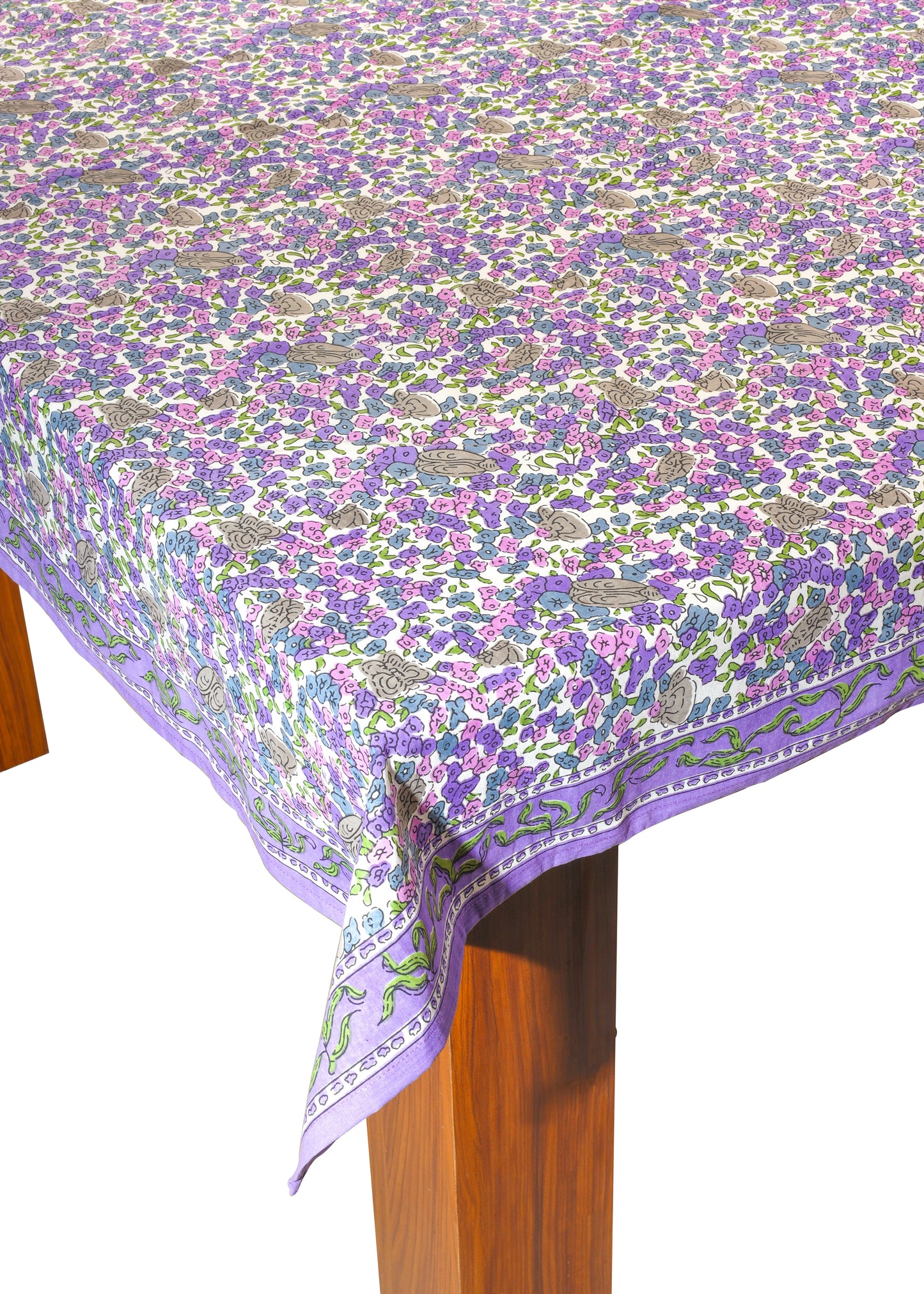 Lavender Blossom Block Print Cotton Tablecloth