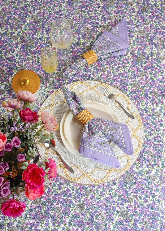 Lavender Blossom Block Print Cotton Tablecloth