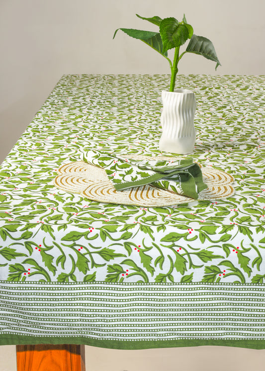 Evergreen Elegance Block Print Cotton Tablecloth