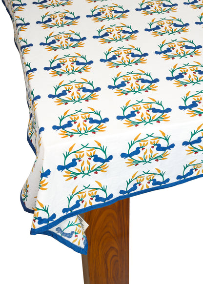 Bluebird Blooms Block Print Cotton Tablecloth