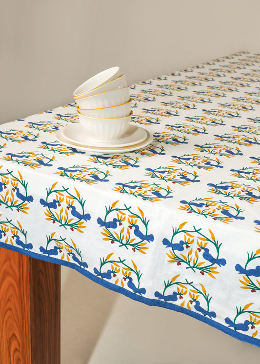 Bluebird Blooms Block Print Cotton Tablecloth