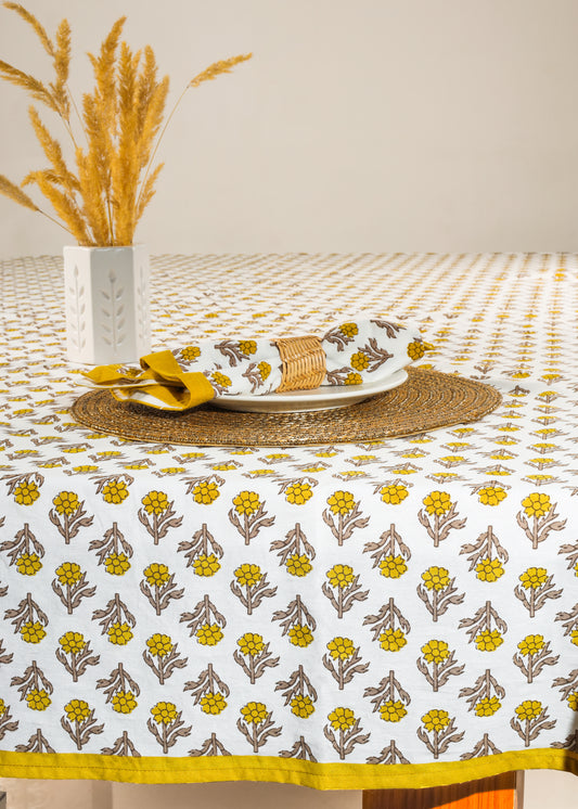 Golden Marigold Block Print Cotton Tablecloth