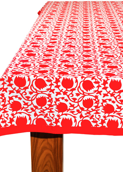 Crimson Bloom Block Print Cotton Tablecloth
