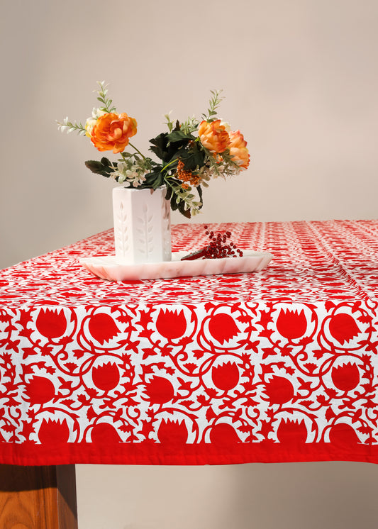 Crimson Bloom Block Print Cotton Tablecloth