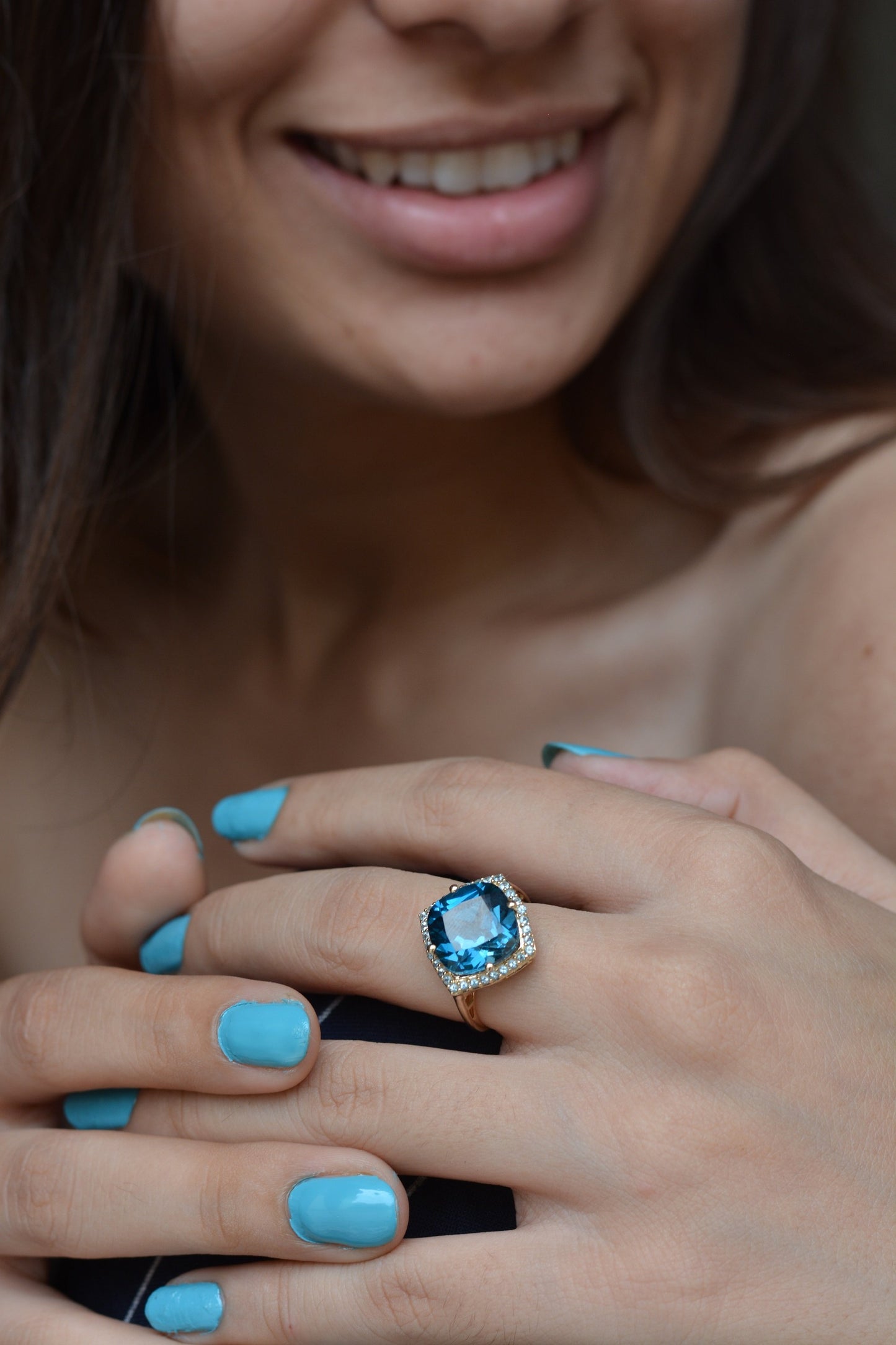 Tiramisu 7.17 ct London Blue Topaz Ring Solid 14k Yellow Gold Jewelry