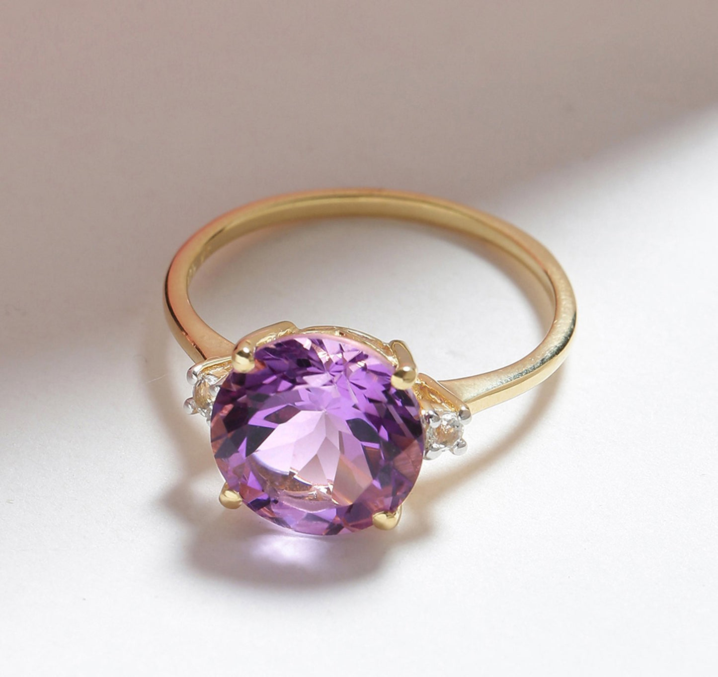 Tiramisu 3.10 Ct Amethyst White Topaz Solid 14k Yellow Gold Ring Jewelry