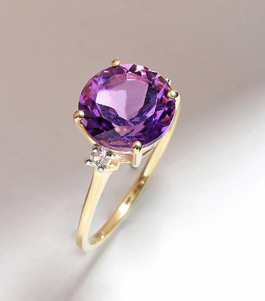 Tiramisu 3.10 Ct Amethyst White Topaz Solid 14k Yellow Gold Ring Jewelry