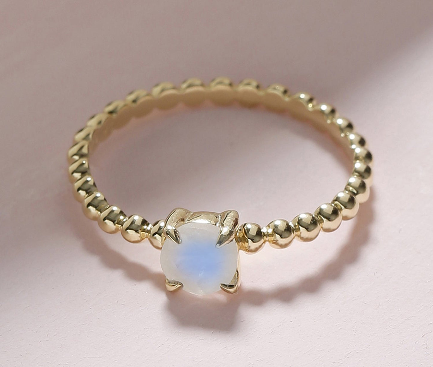 Tiramisu 0.60 Ct Moonstone Solid 10k Yellow Gold Beaded Solitaire Ring Jewelry
