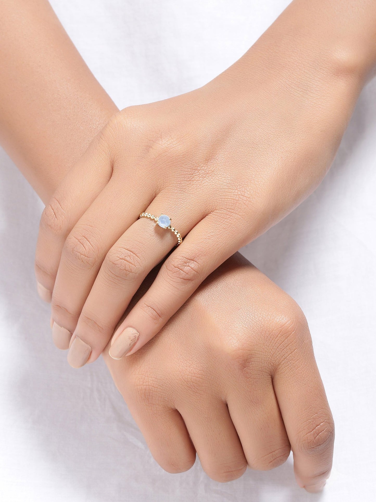 Tiramisu 0.60 Ct Moonstone Solid 10k Yellow Gold Beaded Solitaire Ring Jewelry