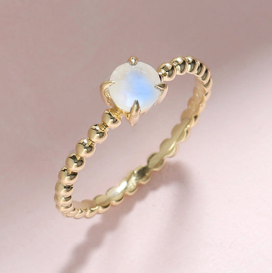 Tiramisu 0.60 Ct Moonstone Solid 10k Yellow Gold Beaded Solitaire Ring Jewelry