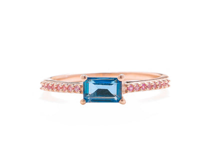 Tiramisu 0.92 Ct London Blue Topaz Pink Sapphire Solid 10k Rose Gold Ring