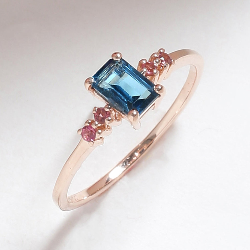 Tiramisu 0.77 Ct London Blue Topaz Pink Tourmaline Solid 10k Rose Gold Ring
