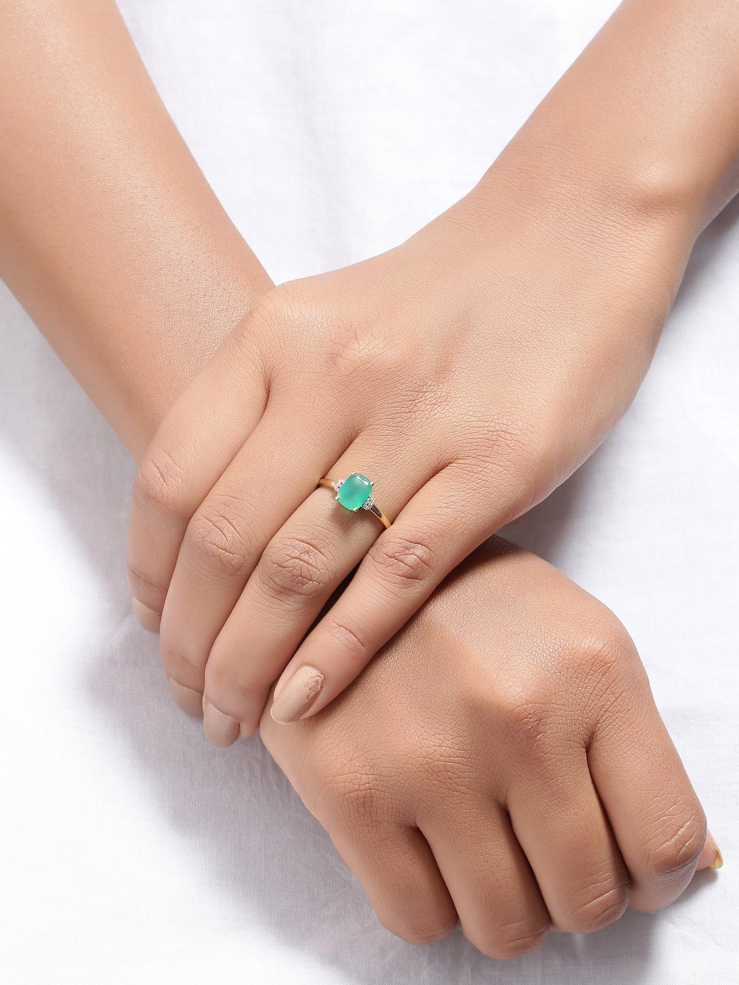 Tiramisu 1.32 Ct Green Onyx White Topaz Solid 10k Yellow Gold Ring